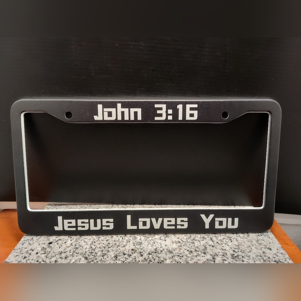 License Plate Frames (2) "Jesus Loves You. John 3:16" Black/White Letter. New